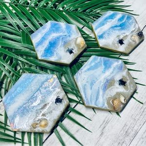 Handmade Sky Blue Holographic Resin Hexagon Beach Coaster Set